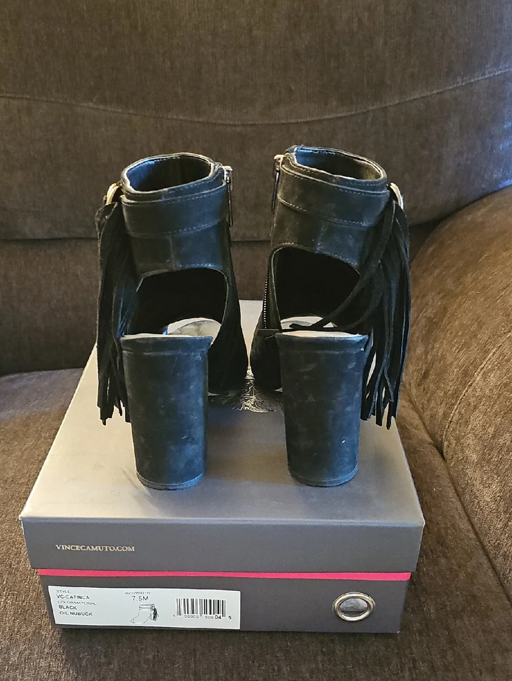 Vince Camuto Catinca Black Suede Peep-Toe Block Heel Sandals with Tassel Straps